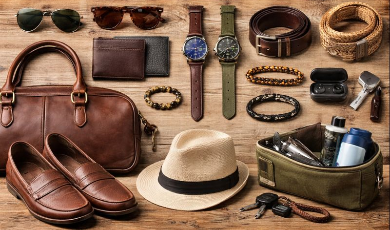 Flat lay of men's accessories: leather bag and shoes, watches, belts, sunglasses, wallet, hat, grooming kit.