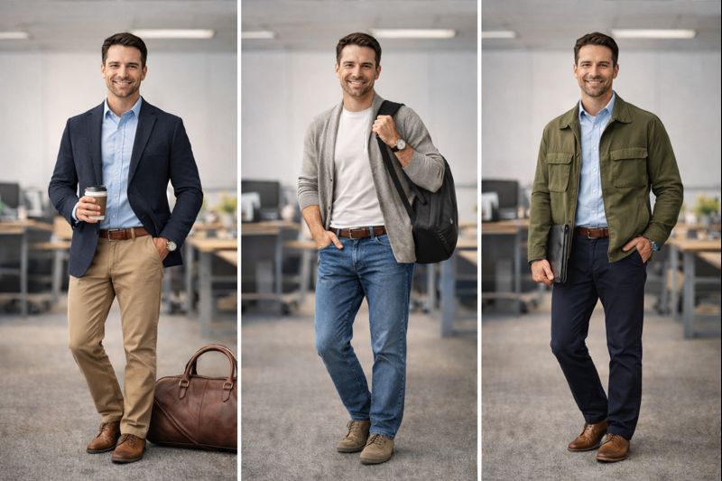 Three side-by-side photos of a man in smart casual outfits: blazer and chinos, sweater and jeans, jacket and trousers.